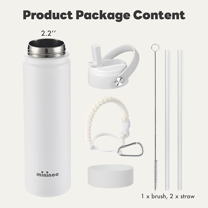 mininoo Insulated Stainless Steel Water Bottle with Straw and Lid for Sports, 24 oz, White