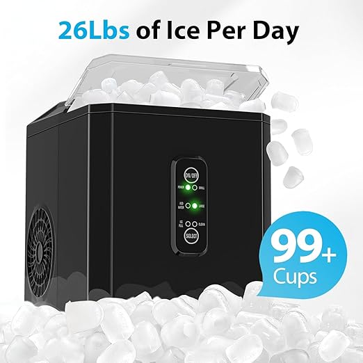 Aeitto Ice Makers Countertop, 26Lbs/24H Ice Machine with 2 Sizes of Bullet Ice, 9 Ice Cubes Ready in 6 Mins, Self-Cleaning Portable Ice Maker with Ice Scoop and Basket for Home Office Bar RV, Black