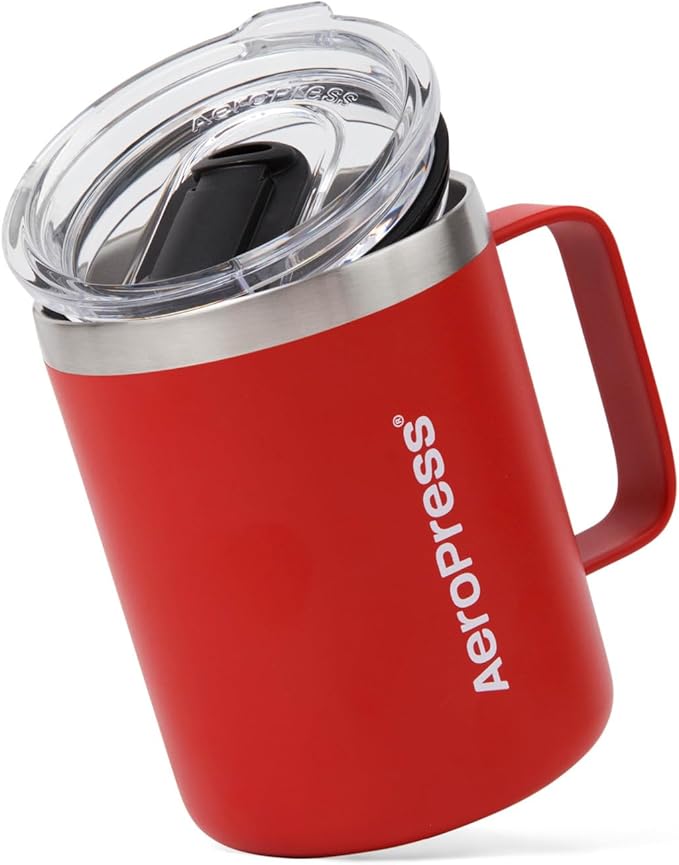 AeroPress Travel Coffee Mug with Handle, Double-Wall Vacuum Insulated Stainless Steel with Splash-Resistant Slider Lid, Compatible for Hot or Cold Drinks, Dishwasher Safe, 12 oz, Red