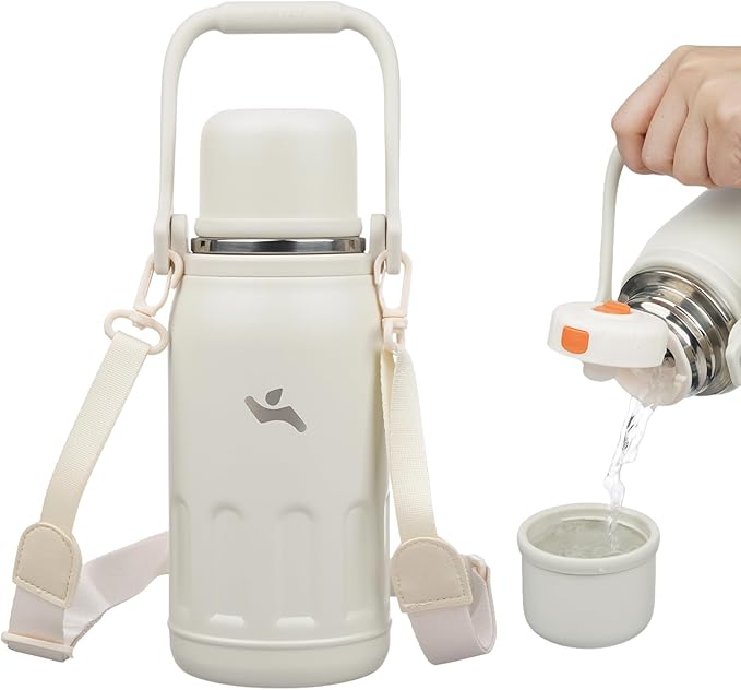 Insulated Water Bottle with Handle and Strap,Vacuum Travel Tumbler with Cup Lid,Thermo Coffee Cup for Hot Cold Drinks 27 OZ,Beige