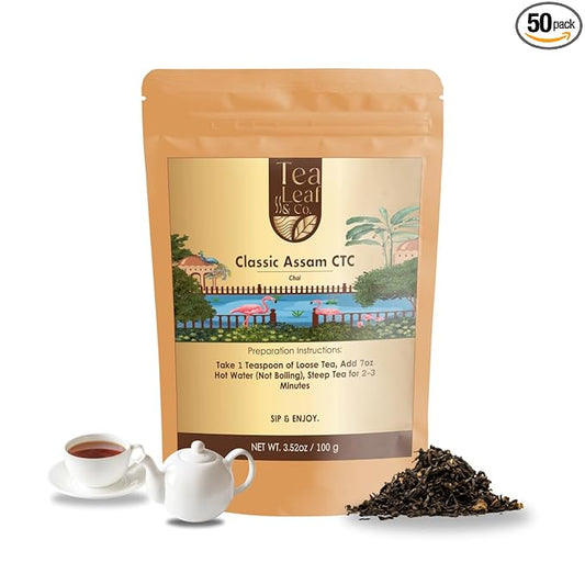 Tealeaf & Co. Classic Assam CTC Chai - 100% Pure Loose Leaf Black Tea - Low Caffeine Premium Tea - Upto 50 Servings (3.52oz/100gm)