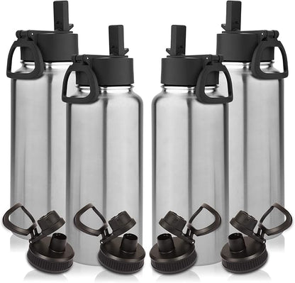 Volhoply 32 oz Water Bottles Bulk 4 Pack with Straw Lid & Spout Lid,Insulated Sports Water Bottle,Double Wall Vacuum Stainless Steel Cups,Leakproof Wide Mouth Metal Flask for Travel(Silver,4)