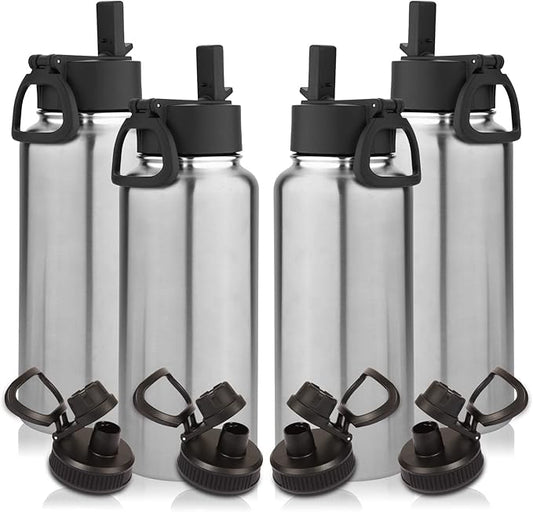 Volhoply 32 oz Water Bottles Bulk 4 Pack with Straw Lid & Spout Lid,Insulated Sports Water Bottle,Double Wall Vacuum Stainless Steel Cups,Leakproof Wide Mouth Metal Flask for Travel(Silver,4)