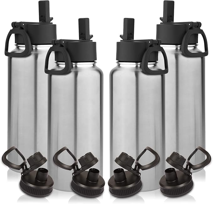 Volhoply 32 oz Water Bottles Bulk 4 Pack with Straw Lid & Spout Lid,Insulated Sports Water Bottle,Double Wall Vacuum Stainless Steel Cups,Leakproof Wide Mouth Metal Flask for Travel(Silver,4)