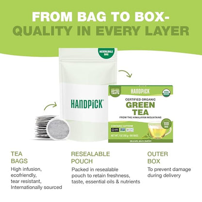 HANDPICK, Organic Green Tea Bags - 100 Eco-Friendly Tea Bags | USDA Organic | Resealable Pack for Freshness | Delicate & Flavory | Direct From India