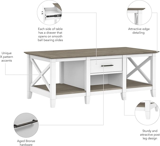 Bush Furniture Key West Coffee Table with Storage in Pure White and Shiplap Gray