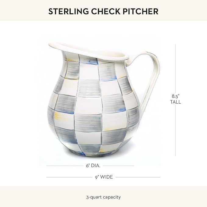 MACKENZIE-CHILDS Enamel Pitcher with Spout for Water, Cut Flowers, and Home Decor, 3 Quarts, Gray-and-White Sterling Check