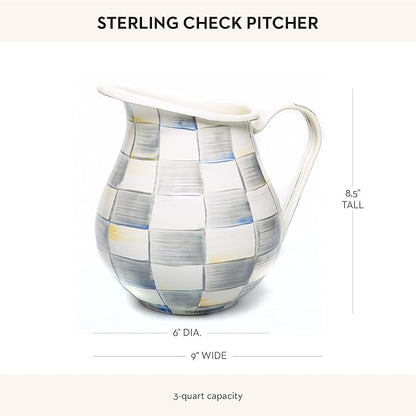 MACKENZIE-CHILDS Enamel Pitcher with Spout for Water, Cut Flowers, and Home Decor, 3 Quarts, Gray-and-White Sterling Check