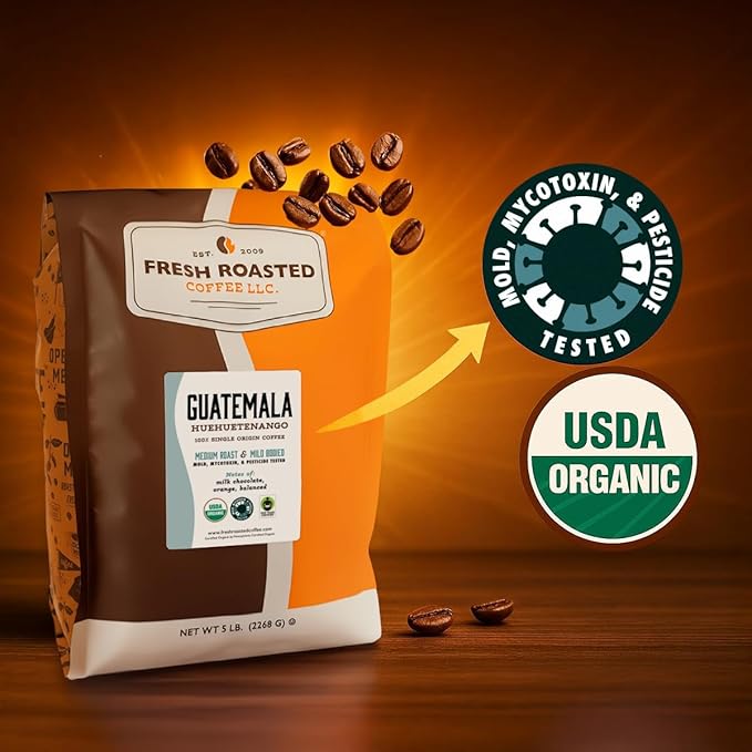 Fresh Roasted Coffee, Organic Guatemala | Single Origin, USDA Organic, Mold & Myco 3rd Party Tested, Kosher | Medium Roast 2 lb (32 oz) Ground
