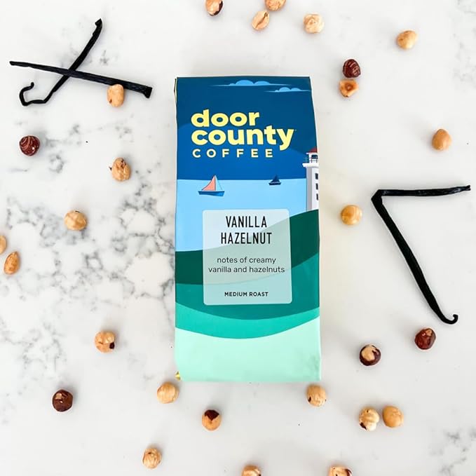 Door County Coffee Vanilla Hazelnut Flavored Whole Bean - 10 oz Bag - Medium Roast - 100% Specialty Arabica - Flavored Gourmet - Vanilla Hazelnut