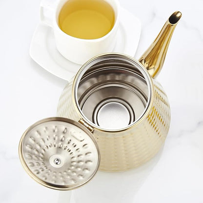 SANQIAHOME 1.6L(54oz) Stainless Steel Hammer Patterned Teapot With Removeable Infuser,Loose leaf cover,Gold