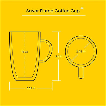 JoyJolt Fluted Glass Coffee Mugs - Double Insulated, 15oz Large Set of 2, Thermal Glass Coffee Mugs