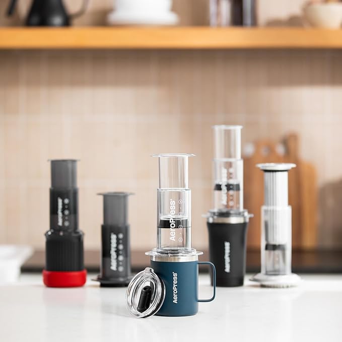 AeroPress Travel Coffee Mug with Handle, Double-Wall Vacuum Insulated Stainless Steel with Splash-Resistant Slider Lid, Compatible for Hot or Cold Drinks, Dishwasher Safe, 12 oz, Blue