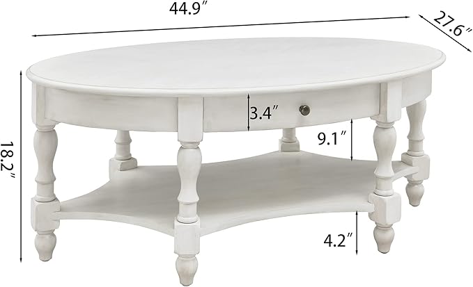 Solid Wood Oval Coffee Table with Drawer and Storage Shelf, 44.9" Traditional Retro Center Table Polished Edging Cocktail Tea Table for Living Room Bedroom Home, Antique White