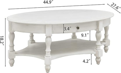 Solid Wood Oval Coffee Table with Drawer and Storage Shelf, 44.9" Traditional Retro Center Table Polished Edging Cocktail Tea Table for Living Room Bedroom Home, Antique White