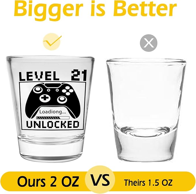 21st Birthday Gifts for Him or Her – Level 21 Unlocked Shot Glass with Black Gift Box, Funny 21st Birthday Present for Men Women Friends, Turning 21 Celebration Gift for Gamer-Themed Parties