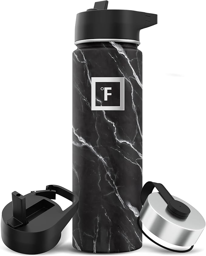 IRON °FLASK Camping & Hiking Hydration Flask with Straw, Wide Mouth Insulated Stainless Steel Sports Water Bottle - 22 oz Black Marquina