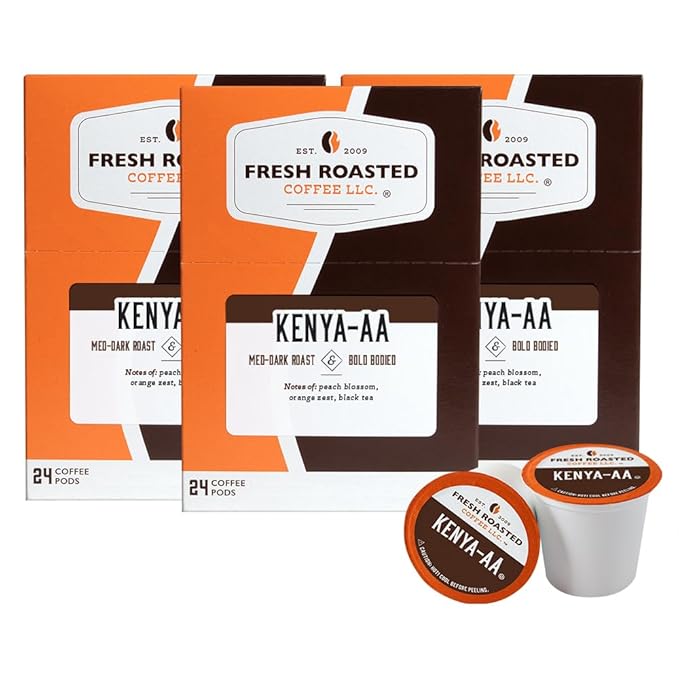 Fresh Roasted Coffee, Kenya AA, Med-Dark Roast, 72 Pods for K Cup Brewers