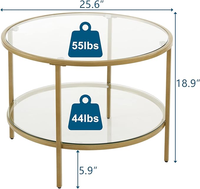 VINGLI Glass Coffee Table, 25.6" Round Champagne Gold Coffee Tables for Living Room, 2-Tier Glass Top Coffee Table with Storage Clear Coffee Table, Simple & Modern Center Table for Small Space