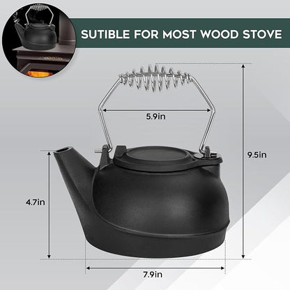 Gtongoko Wood Stove Steamer 3 Quart Cast Iron Humidifier Kettle for Wood Stove, Fireplace Steamer Humidifier with Wide Mouth, Cool-Touch Handle, Home Indoor Decorative Black