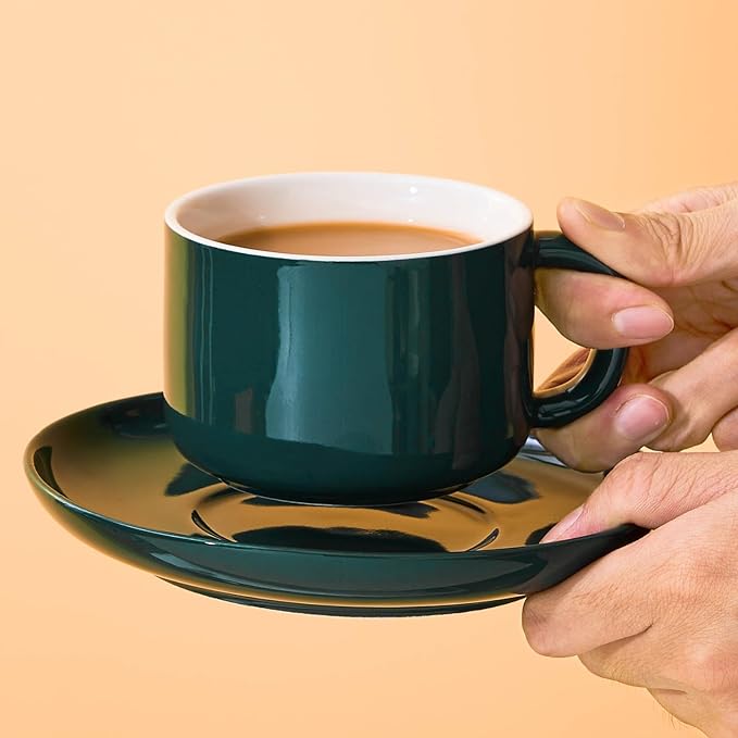 7 oz Coffee Cups with Saucers Spoons - Set of 6 Cappuccino Cups, Dark Green Porcelain Cups Serving for Tea Espresso Latte Mocha