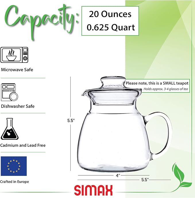 Simax Glassware 20 Oz. Glass Teapot | Short Spout, Microwave and Stovetop Safe, Heat, Cold, and Thermal Shock Resistant Borosilicate Glass, Makes a Stunning Presentation