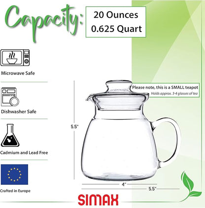 Simax Glassware 20 Oz. Glass Teapot | Short Spout, Microwave and Stovetop Safe, Heat, Cold, and Thermal Shock Resistant Borosilicate Glass, Makes a Stunning Presentation