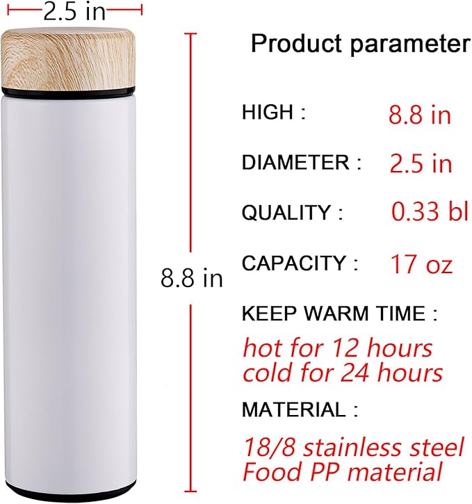 15oz Water Bottle Stainless Steel Thermos Flask - Insulated Vacuum, Leak Proof, Keeps Drinks Hot/Cold - Ideal for Coffee, Tea, Water - White