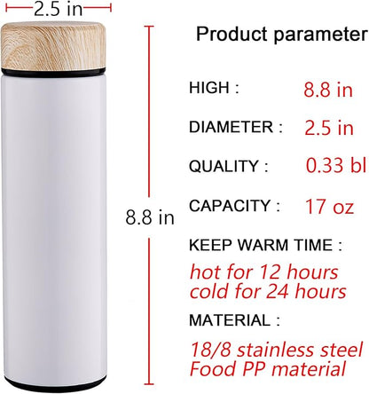15oz Water Bottle Stainless Steel Thermos Flask - Insulated Vacuum, Leak Proof, Keeps Drinks Hot/Cold - Ideal for Coffee, Tea, Water - White