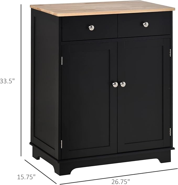 HOMCOM Sideboard with Solid Wood Countertop, Modern Kitchen Storage Cabinet, Coffee Bar Cabinet with 2 Drawers, Doors and Adjustable Shelf, Black