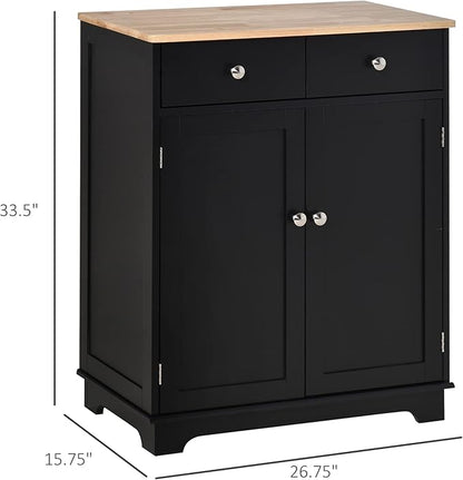 HOMCOM Sideboard with Solid Wood Countertop, Modern Kitchen Storage Cabinet, Coffee Bar Cabinet with 2 Drawers, Doors and Adjustable Shelf, Black