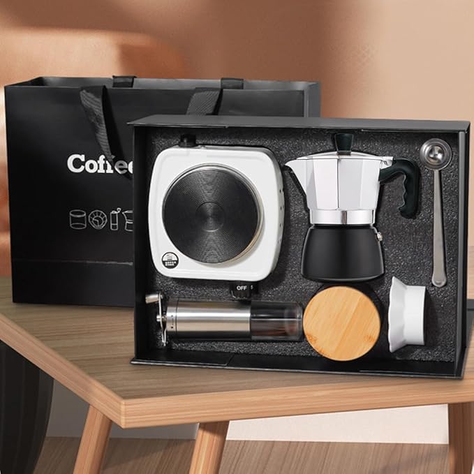 DS&DV Moka Pot Kits,Glass Bean Jar,Spoon Clamp,Powder Distributor,Hand-Operated Bean Mill,Filter Paper,Coffee Maker for Traveling (Moka Pot Set)