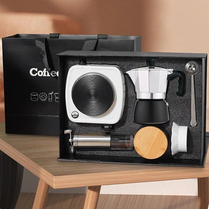 DS&DV Moka Pot Kits,Glass Bean Jar,Spoon Clamp,Powder Distributor,Hand-Operated Bean Mill,Filter Paper,Coffee Maker for Traveling (Moka Pot Set)