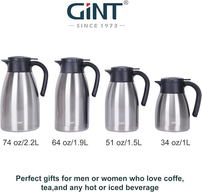 GiNT 74Oz Thermal Coffee Carafe, Insulated Stainless Steel Coffee Carafes for Keeping Hot/Double Walled Vacuum Thermal Carafe (Silver, 2.2L)