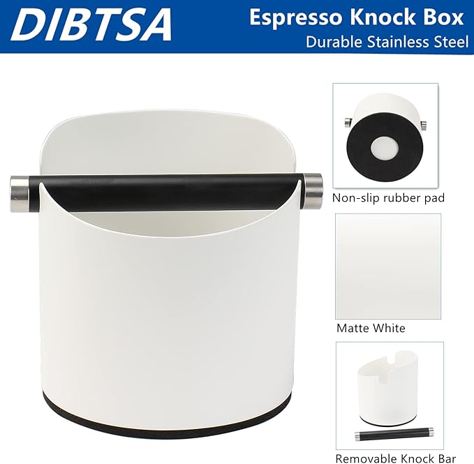 Coffee Knock Box, Espresso Knock Box Stainless Steel Espresso Machine Accessories with Removable Knock Bar and Non-Slip Base Coffee Grounds Container Bin, Large (White)