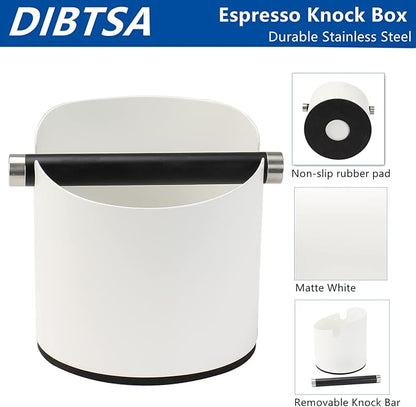 Coffee Knock Box, Espresso Knock Box Stainless Steel Espresso Machine Accessories with Removable Knock Bar and Non-Slip Base Coffee Grounds Container Bin, Large (White)