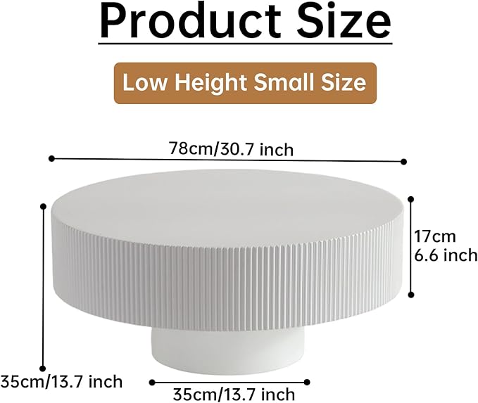 Round Coffee Table 30.7" Modern White Fluted Coffee Table Low Round Drum Pedestal Coffee Tables for Living Room Farmhouse (White 30.7in)
