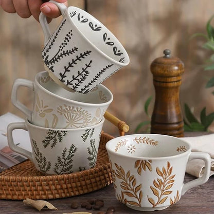 Ceramic Mug, 11oz - Vintage Cups Mug for Coffee Milk Latte Cappuccino Tea, Porcelain Cups Dishwasher Microwave Freezer Safe Stoneware 1 PCS Black Leaf Cup