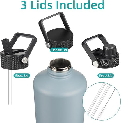 Gallon Insulated Water Bottle with Straw,128 oz 3 Lids Water Jug with Carrying Bag,Paracord Handle, Double Wall Vacuum Stainless Steel Metal Flask,Storm Blue