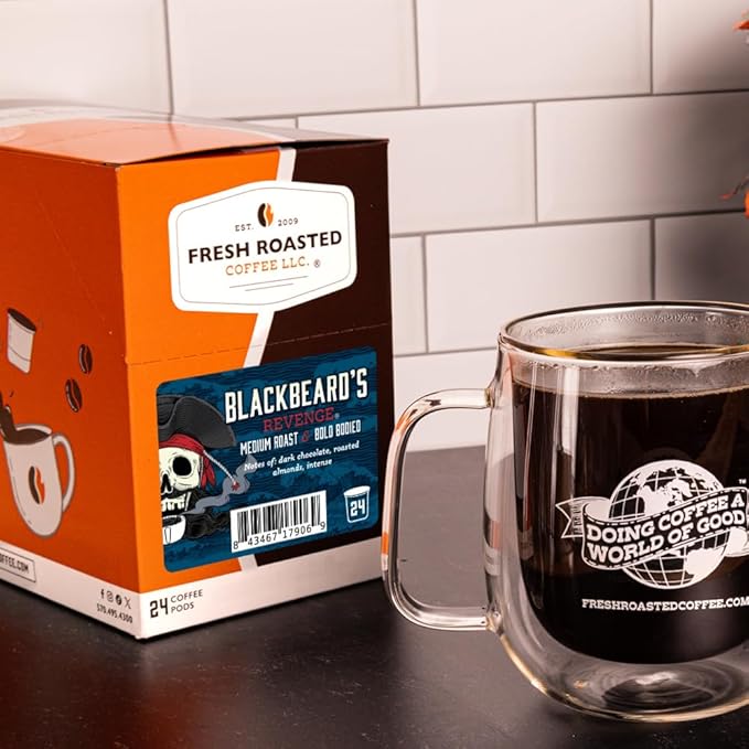 Fresh Roasted Coffee, Blackbeard's Revenge, Medium Roast, 72 Pods for K Cup Brewers