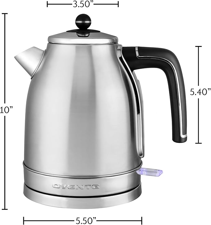 OVENTE 1.7L Electric Kettle, 1500W Fast Boiling Water Heater for Coffee or Tea with Stainless Steel BPA-Free and Cordless Body, Auto Shut-Off, Boil-Dry Protection and Removable Filter, Silver KS777S