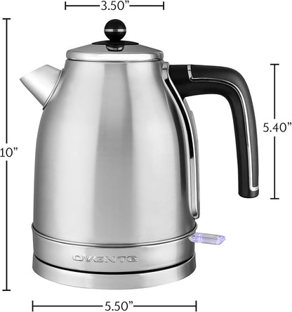 OVENTE 1.7L Electric Kettle, 1500W Fast Boiling Water Heater for Coffee or Tea with Stainless Steel BPA-Free and Cordless Body, Auto Shut-Off, Boil-Dry Protection and Removable Filter, Silver KS777S