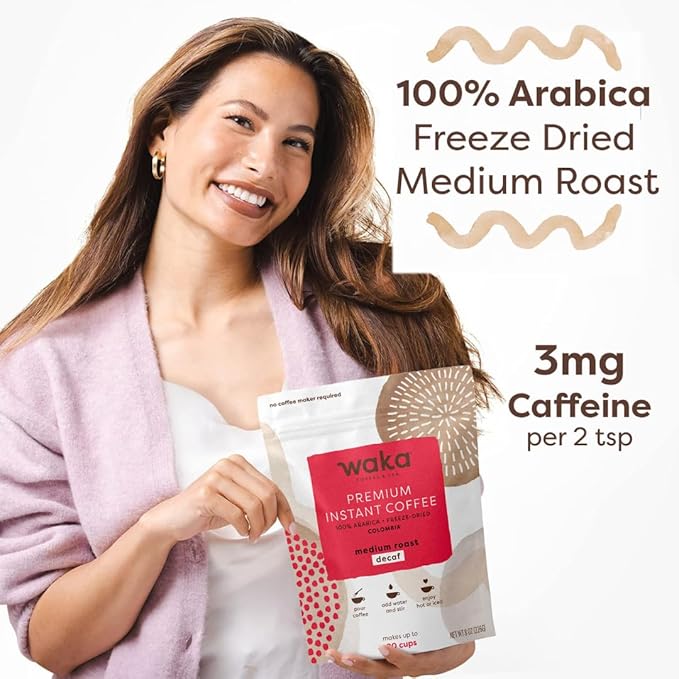 Waka Premium Decaf Instant Coffee Pouch — 100% Colombian Arabica Freeze Dried Beans — For Hot or Iced Coffee (8 Ounces, Decaf Medium Roast)