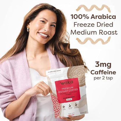 Waka Premium Decaf Instant Coffee Pouch — 100% Colombian Arabica Freeze Dried Beans — For Hot or Iced Coffee (8 Ounces, Decaf Medium Roast)