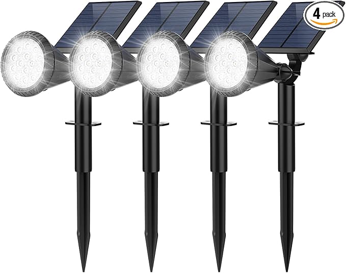 Solar Spot Lights Outdoor, 4 Pack Outdoor Solar Lights for Yard, IP65 Waterproof Solar Spotlights with 4 Modes, 2-in-1 Auto On/Off Solar Landscape Lights for Flood, Wall, Pathway (Cool White)