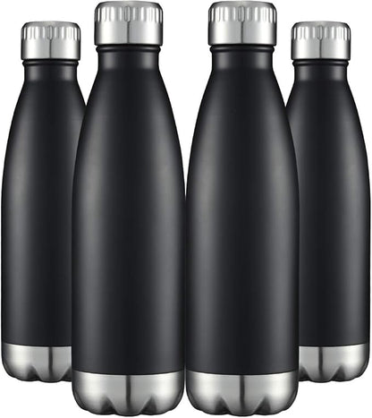 HASLE OUTFITTERS 17oz Stainless Steel Water Bottles Bulk, Vacuum Insulated Water Bottles Double Walled Reusable Metal Sports Water Bottles Keep Drinks Hot and Cold, Black, 4Packs