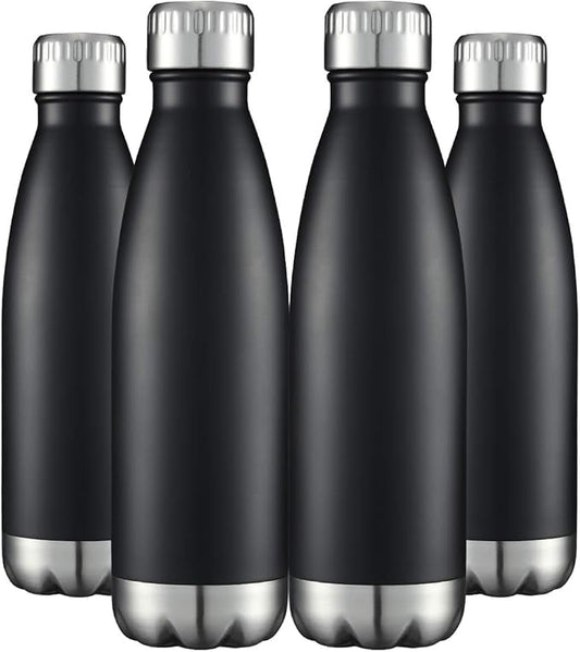 HASLE OUTFITTERS 17oz Stainless Steel Water Bottles Bulk, Vacuum Insulated Water Bottles Double Walled Reusable Metal Sports Water Bottles Keep Drinks Hot and Cold, Black, 4Packs