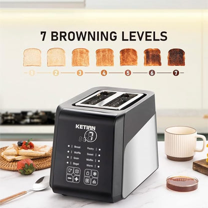 Touchscreen Toaster 2 Slice, KETIAN Bagel English Muffins Toast Pastry Waffles Grain Sweet Bread Toaster, Extra Wide Slots Single Slot Toasting Automatic Lifting, 1400w (Black)