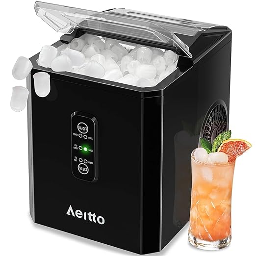 Aeitto Ice Makers Countertop, 26Lbs/24H Ice Machine with 2 Sizes of Bullet Ice, 9 Ice Cubes Ready in 6 Mins, Self-Cleaning Portable Ice Maker with Ice Scoop and Basket for Home Office Bar RV, Black