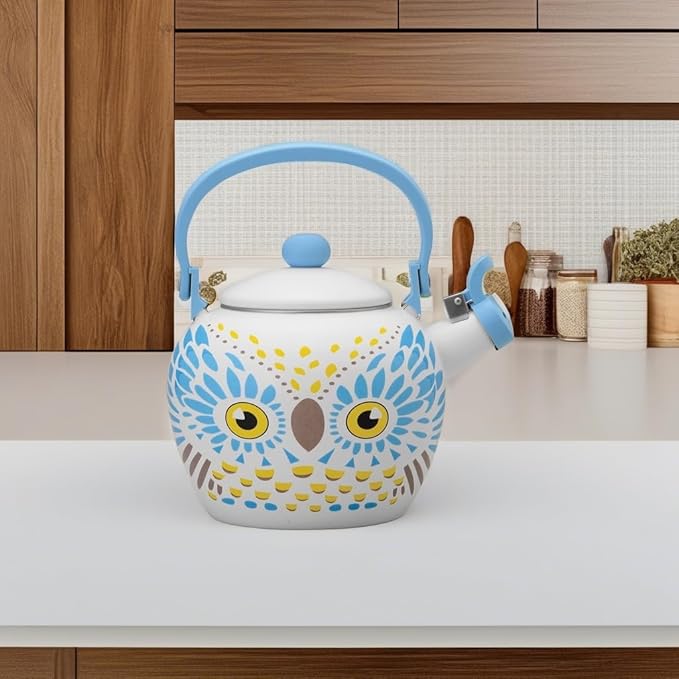 UPware Enamel on Steel Whistling Tea Kettle, Stovetop Teakettle (2.1 Quart, Owl)